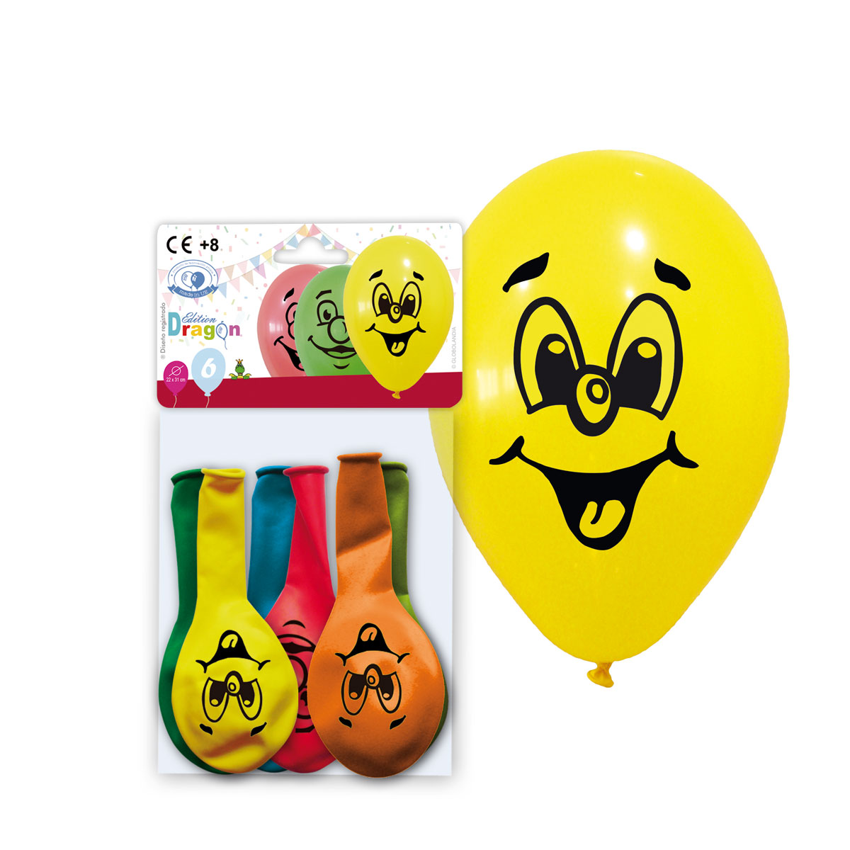 Bolsa 6 globos impresos Sonrisa 22x31 cm colores surtidos