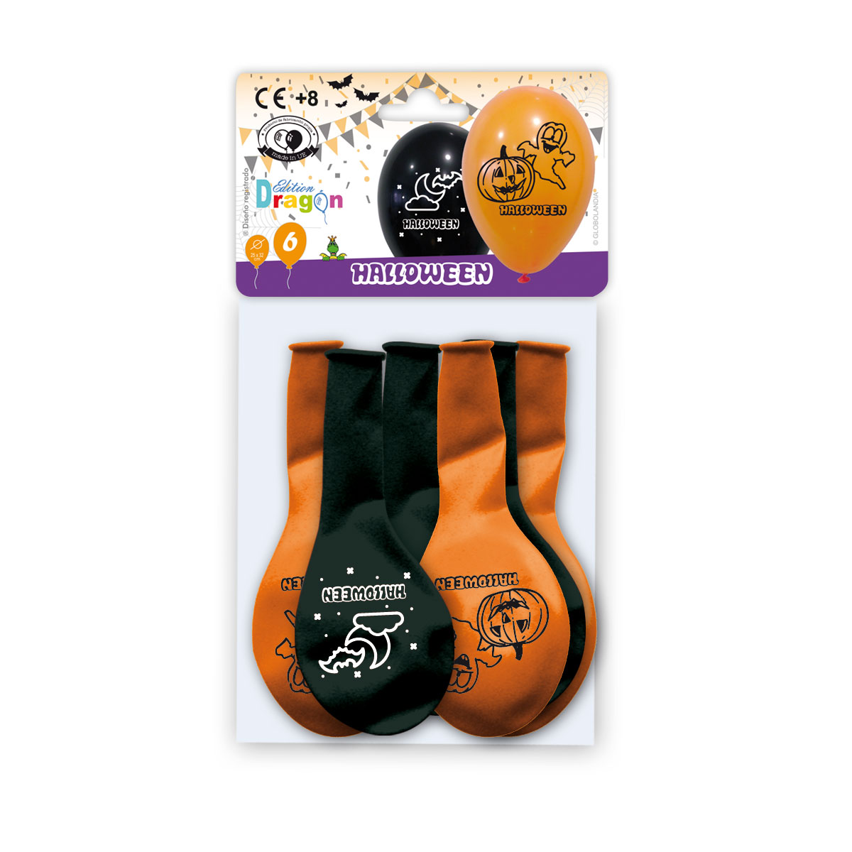 Bolsa 6 globos Halloween impresos negro y naranja 25 cm