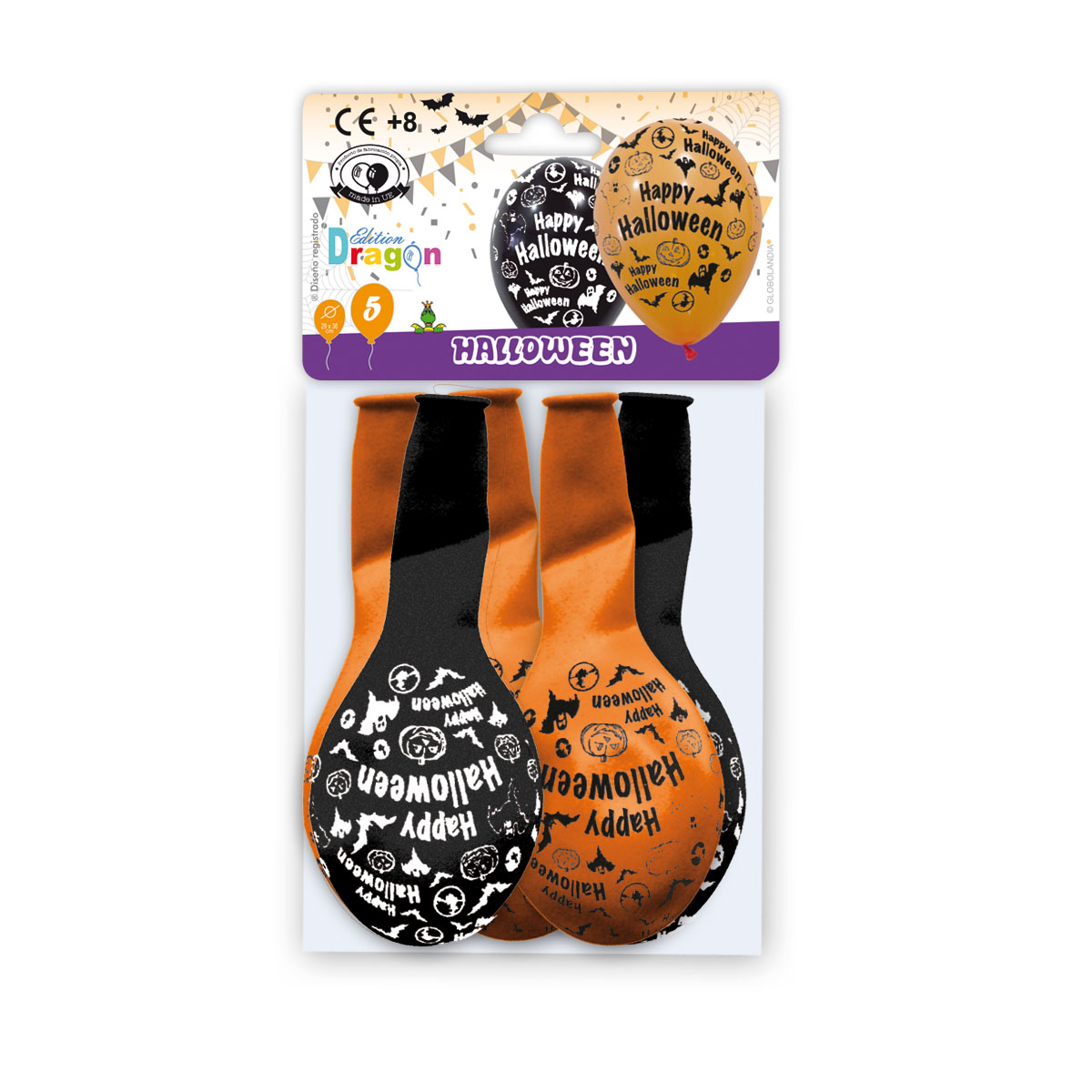 Bolsa 5 globos Halloween impresos negro y naranja 30 cm
