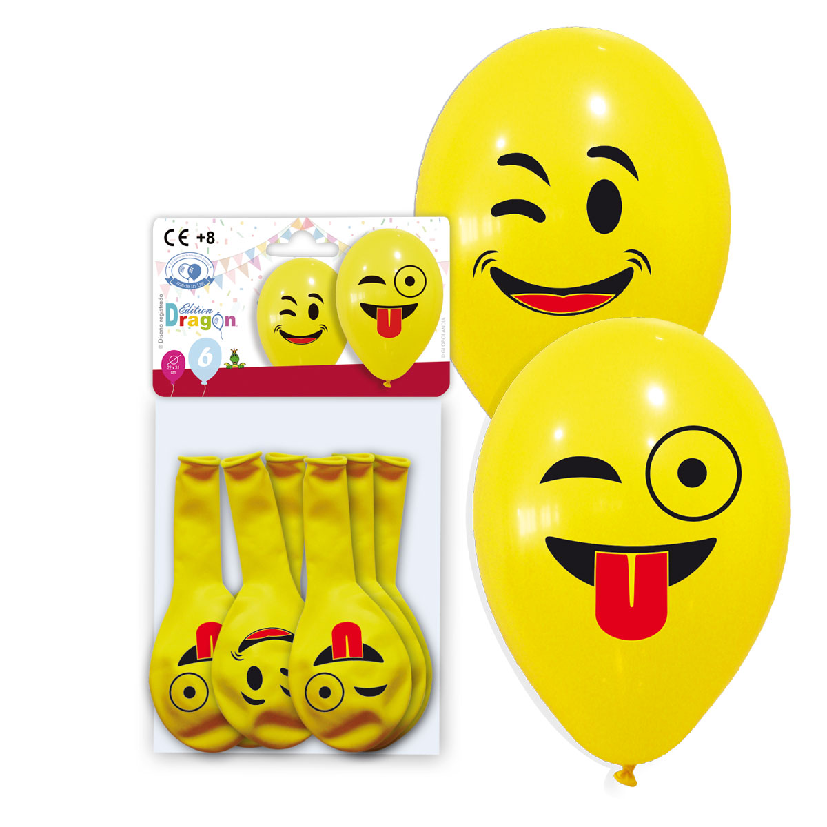 Globos látex amarillos emoticono guiño de ojo 22x31 cm - Bolsa 6 unidades
