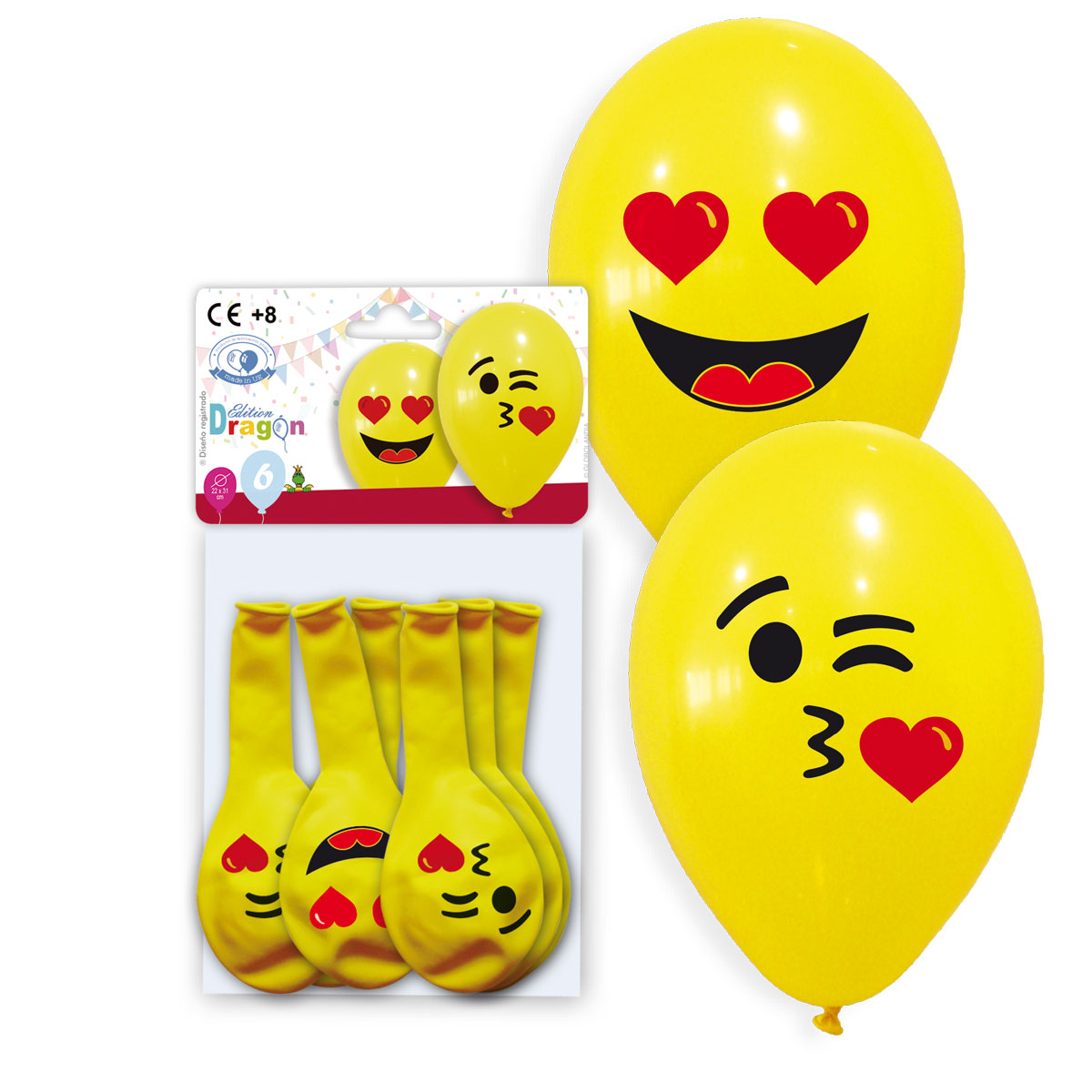 Bolsa 6 globos látex amarillos emoticonos corazón 22 x 31 cm
