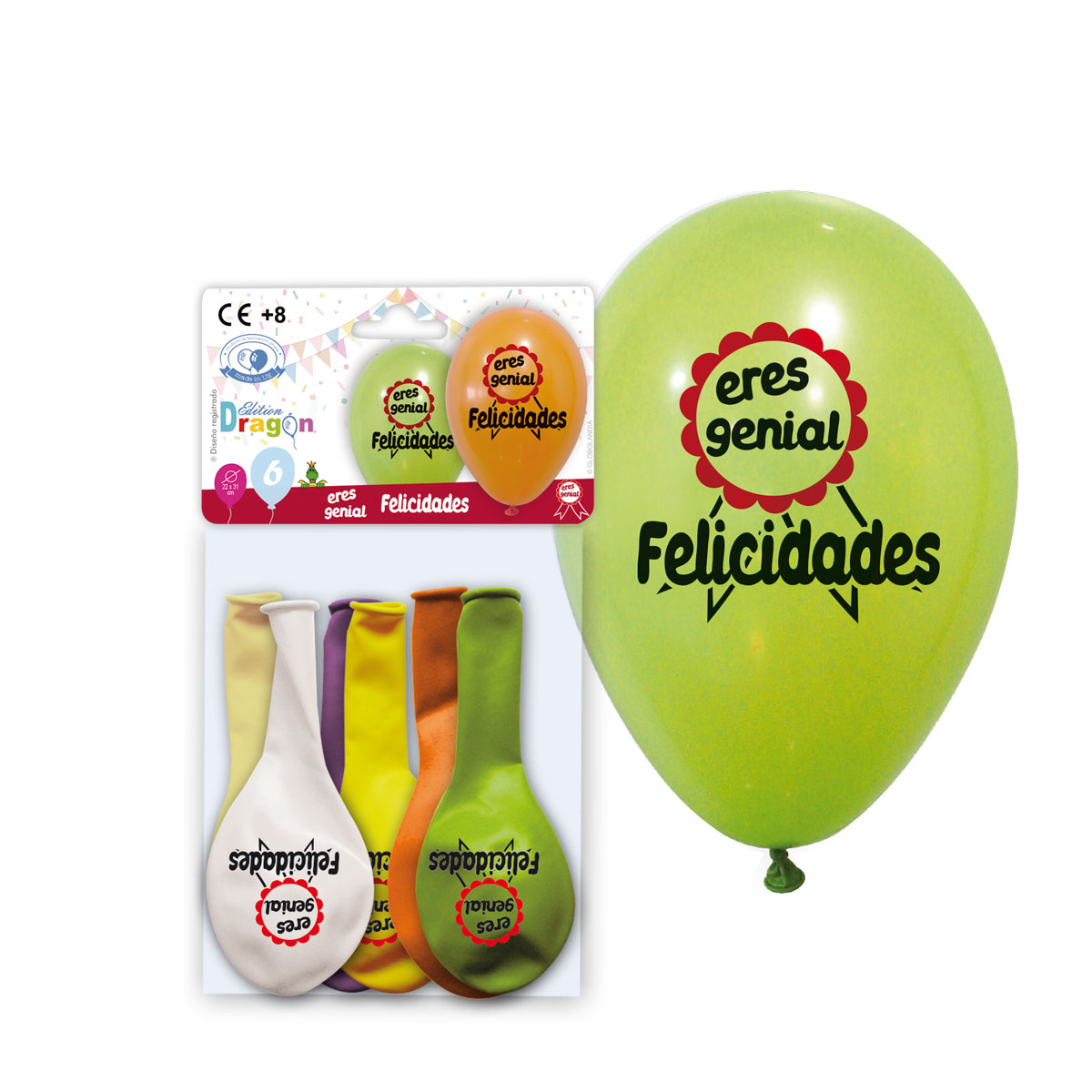 Bolsa 6 globos impresos «eres genial Felicidades» colores surtidos 22x31 cm