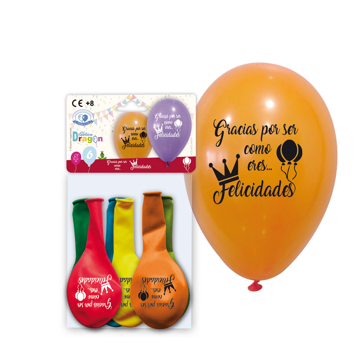 Bolsa 6 globos impresos "Gracias por ser como eres... Felicidades" colores surtidos 22x31 cm