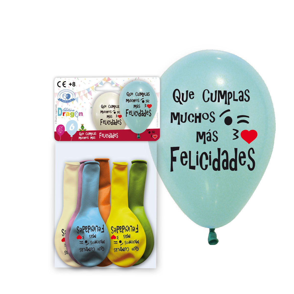 Bolsa 6 globos impresos "Que cumplas muchos más Felicidades" surtido pastel y metalizado 22x31 cm