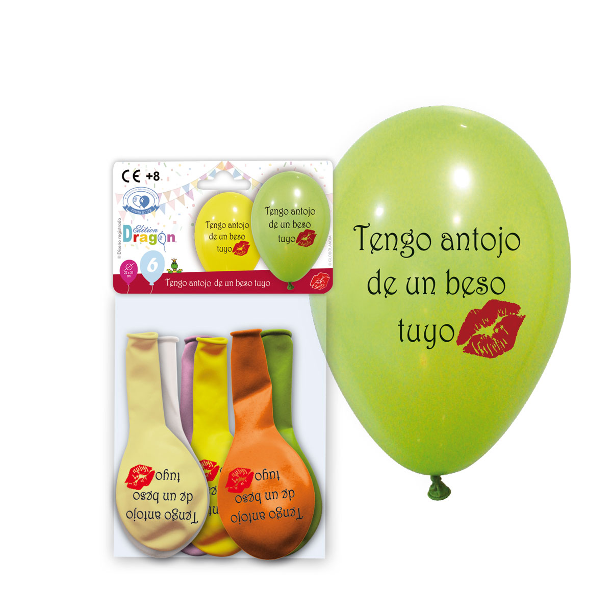 Globos impresos «Tengo antojo de un beso tuyo» - Bolsa de 6, colores surtidos