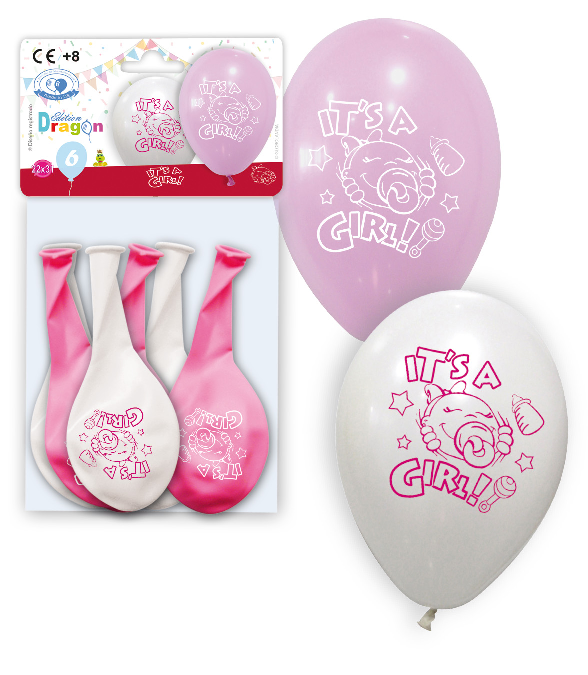 Globos impresos It's a Girl 25 cm surtido rosa y blanco - bolsa de 6