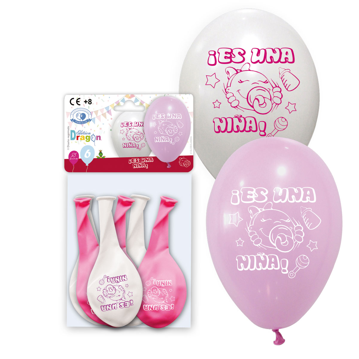 Bolsa 6 globos impresos "¡Es una niña!" 22 x 31 cm rosa y blanco