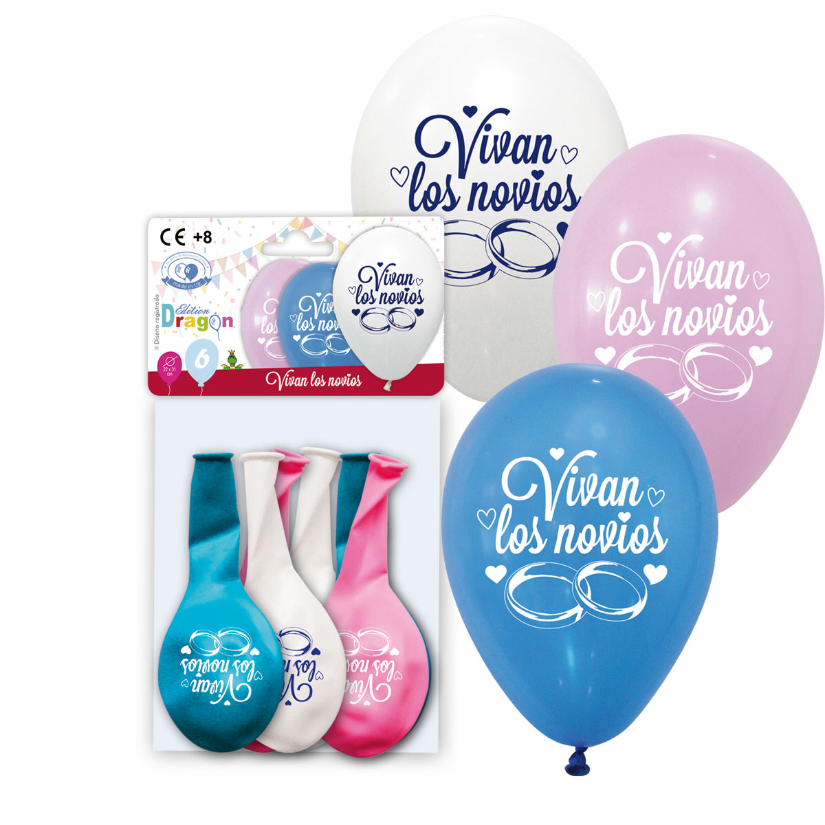 Bolsa 6 globos impresos 10" Vivan los Novios, colores surtidos