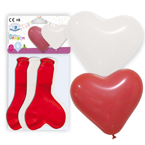 Bolsa 4 globos de látex corazón 28 rojo y blanco