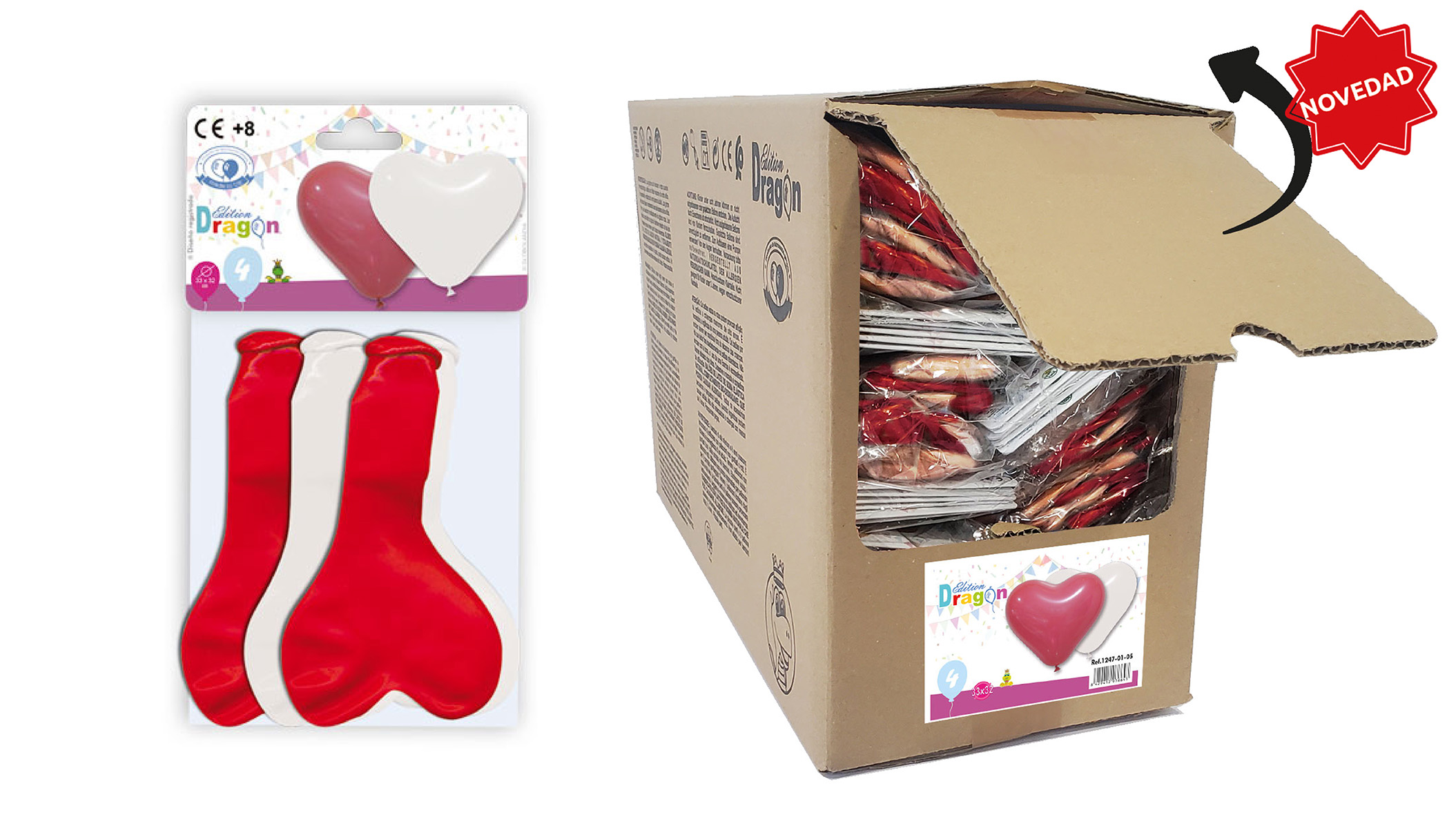 Globos corazón rojo y blanco, bolsa de 4 en caja troquelada