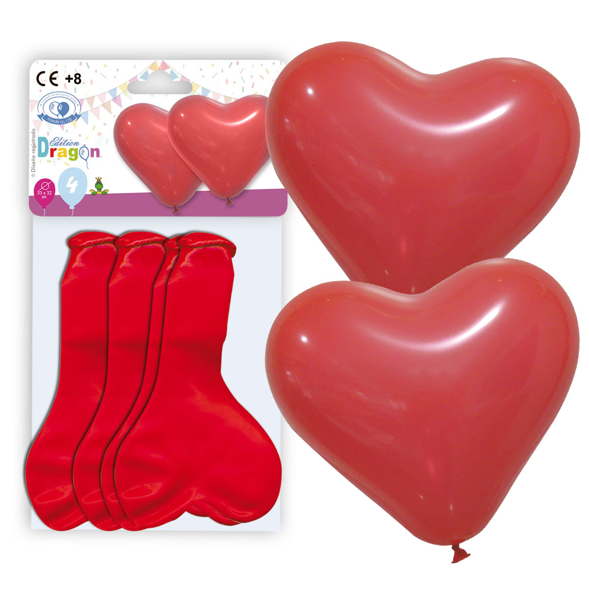 Bolsa 4 globos de corazón rojo 33x32 cm Edition Dragon