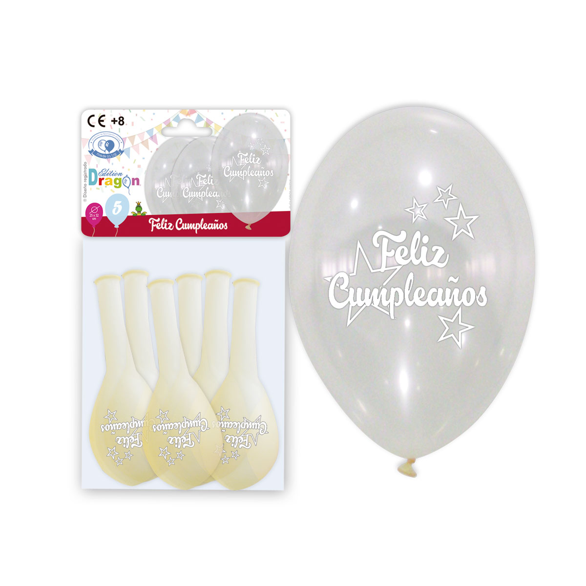 Bolsa 5 globos cristal transparente 25x32 cm "Feliz Cumpleaños" con estrellas