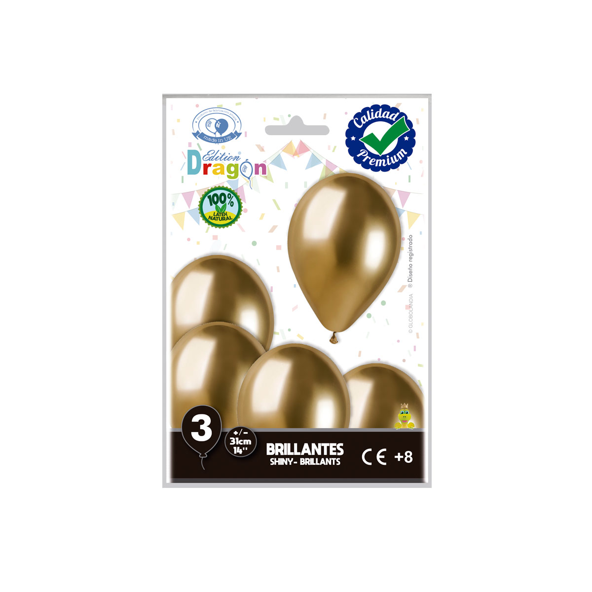 Globos látex 14" brillante oro espejo - blíster 3 uds. Edition Dragon
