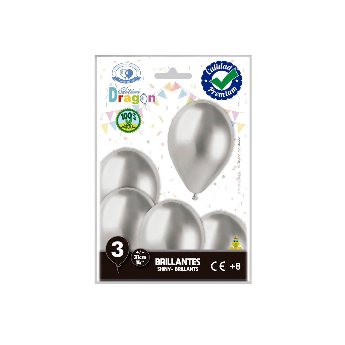 Globos látex 14" Plata Espejo Shiny — blíster 3 uds. Edition Dragon