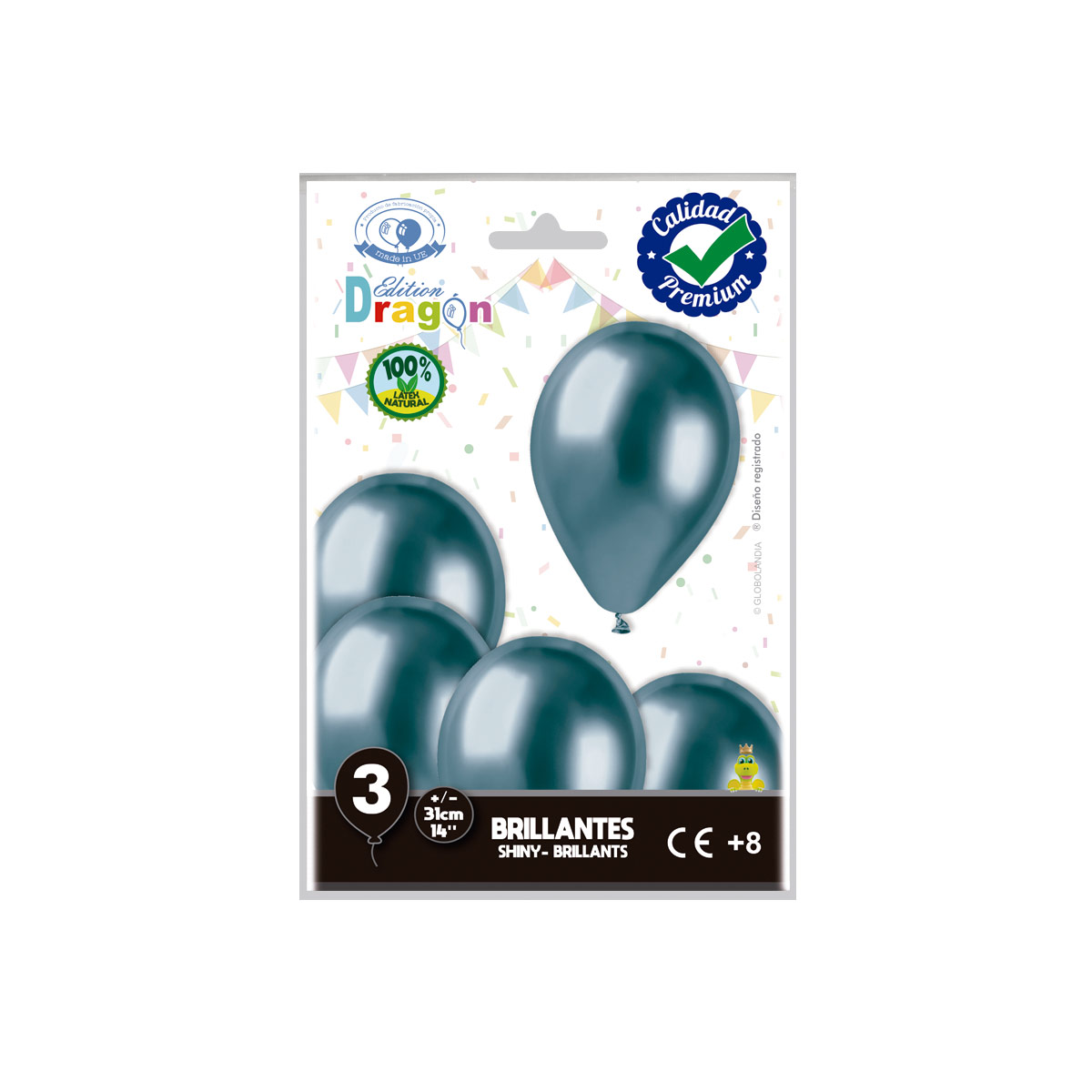 Globos látex brillantes 31 cm azul espejo Edition Dragon, blíster de 3