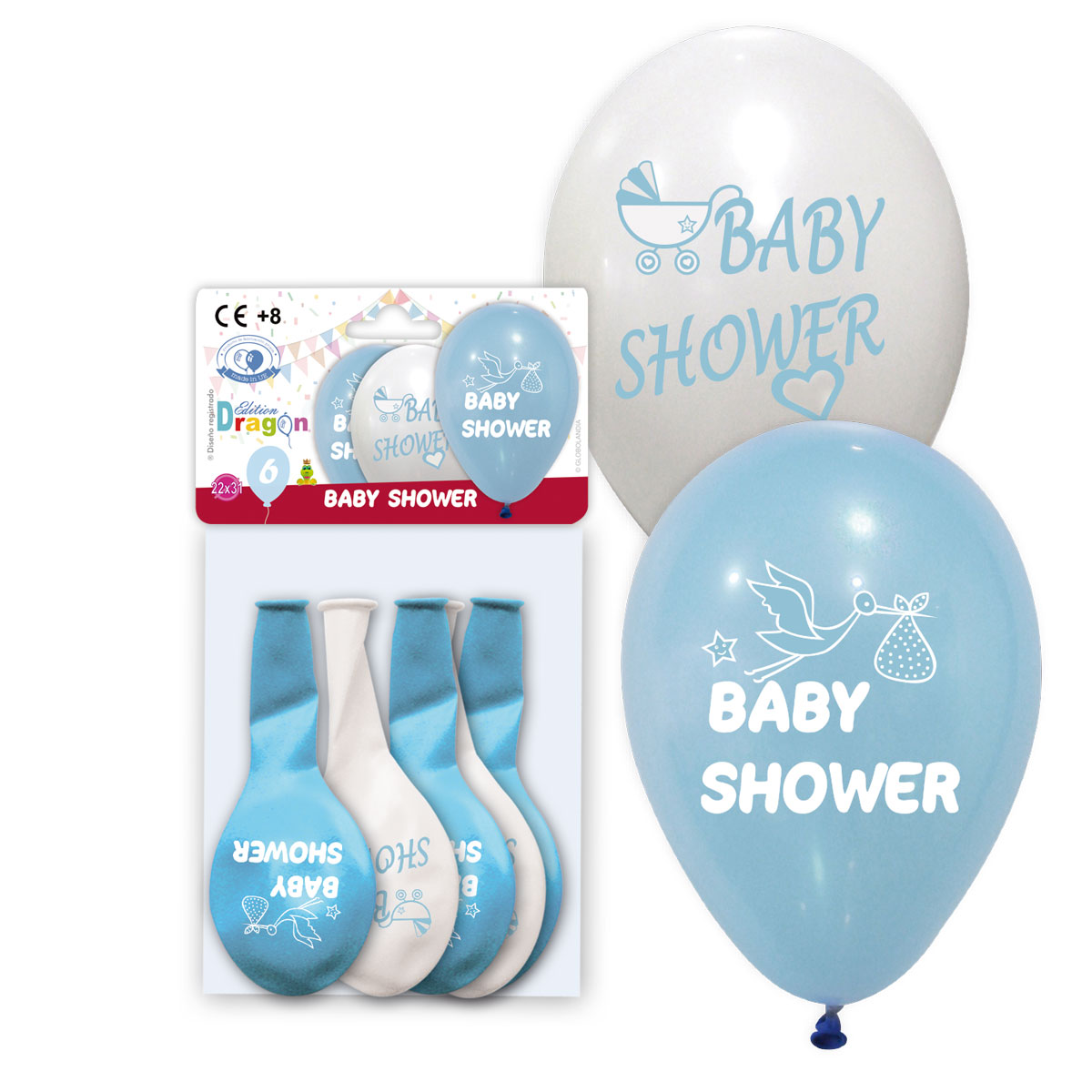 Globos Baby Shower Niño Edition Dragon, 6 unidades azul y blanco