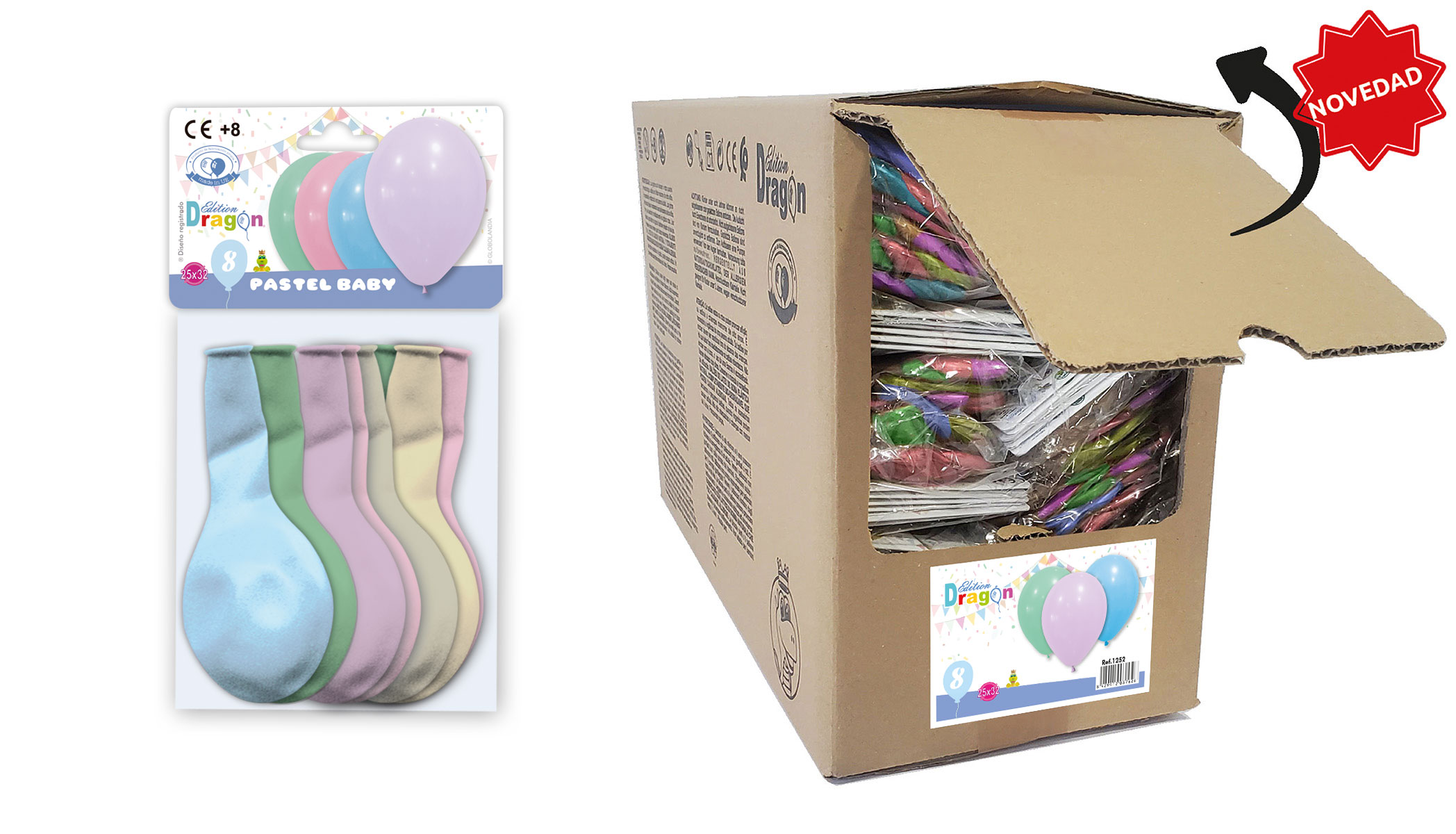 Globos 11" Pastel Surtidos, Bolsas de 8 en Caja Expositora Troquelada