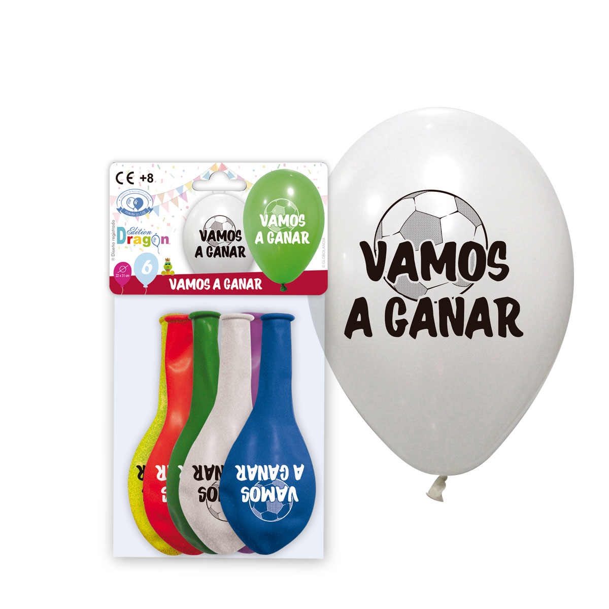 Globos 10" impresos Vamos a Ganar fútbol, bolsa 6 uds surtidos
