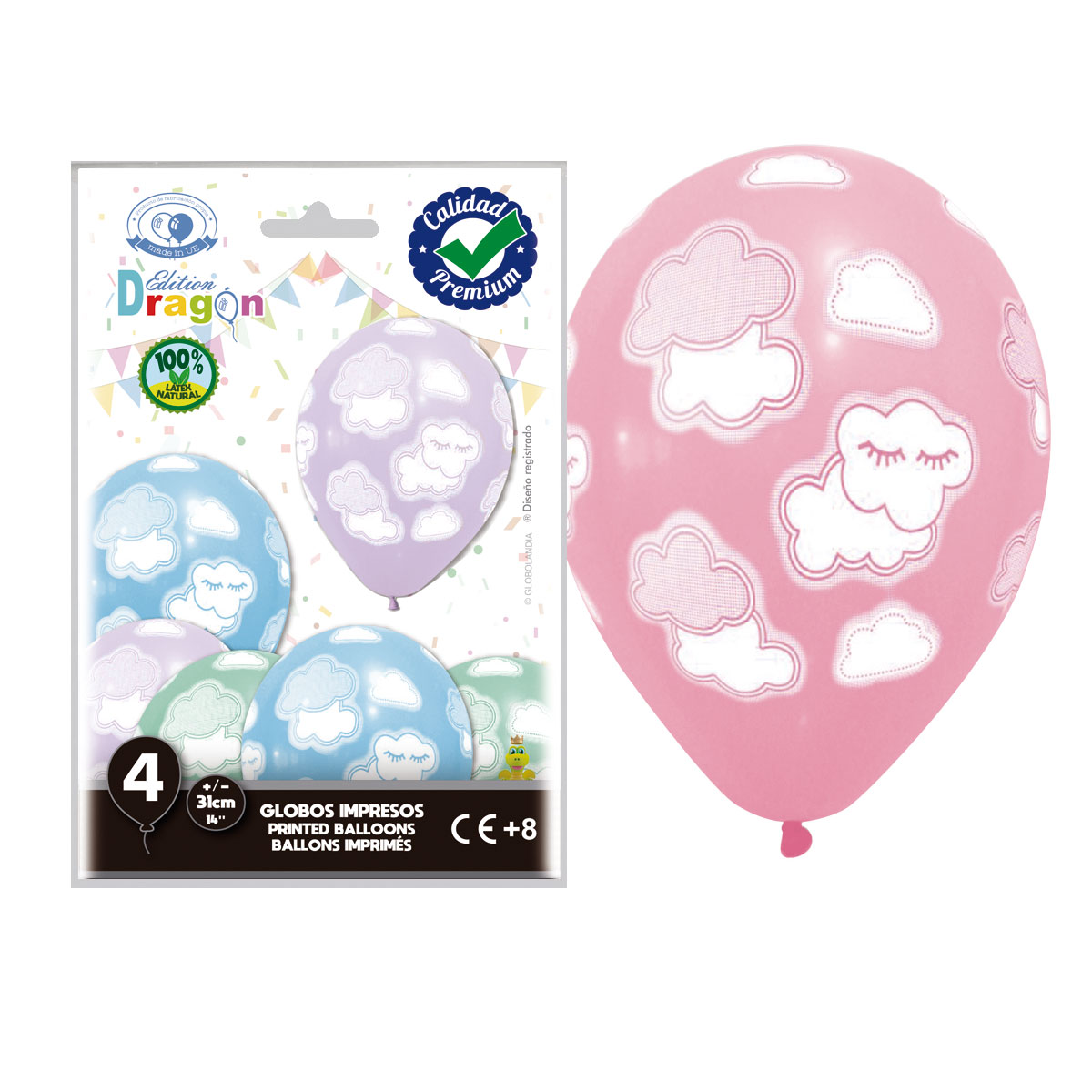 Globos látex 14" impresos Nubes pastel - Bolsa 4 unidades