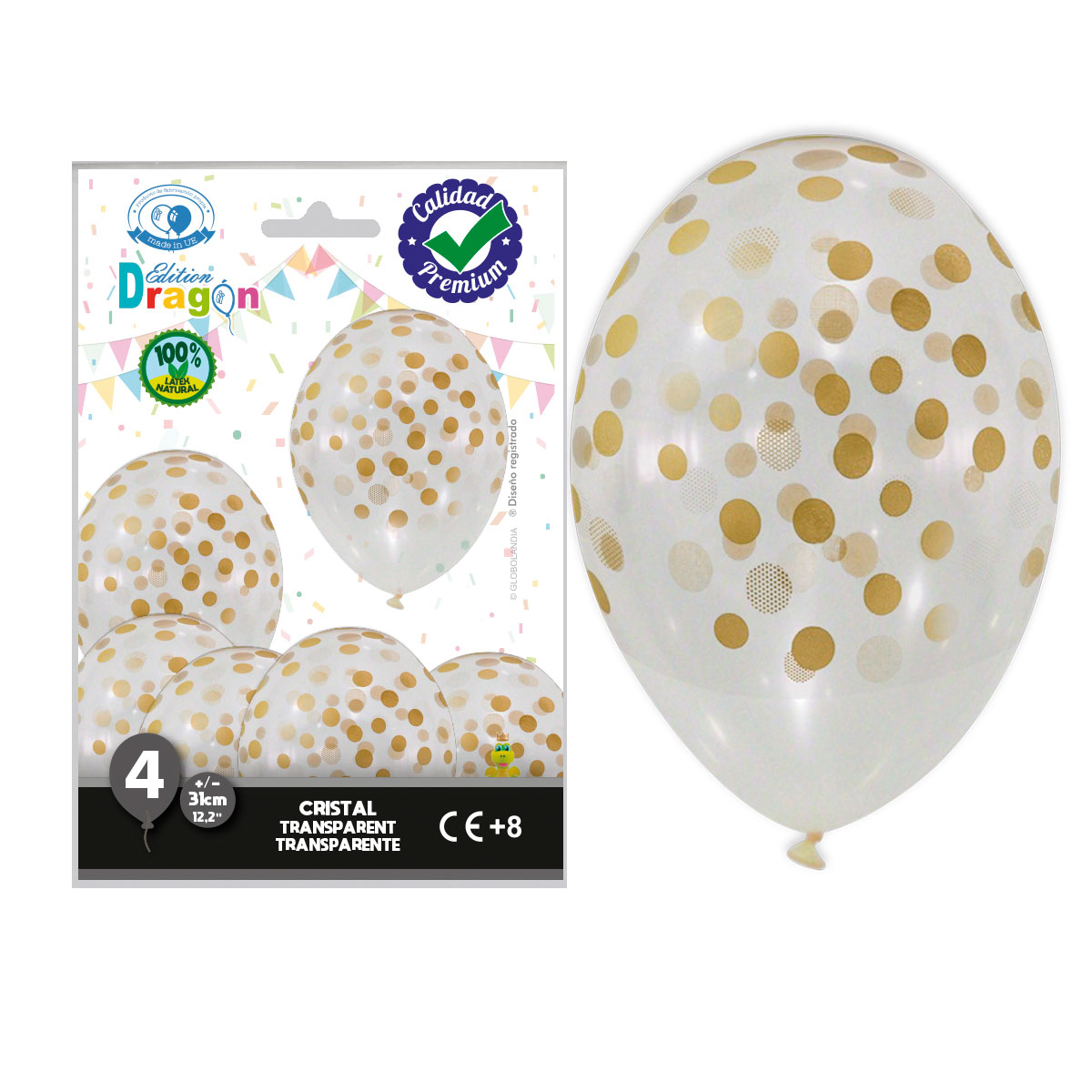 Globo Cristal Transparente con Lunares Dorados 31 cm - Bolsa 4 uds