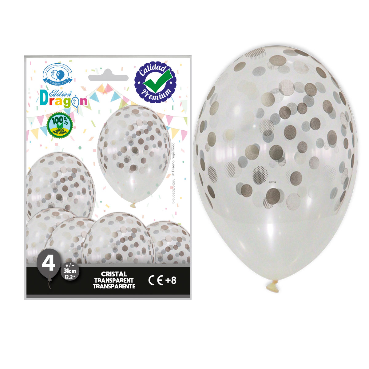 Globos látex cristal transparente con lunares plata 31 cm - Bolsa 4 uds