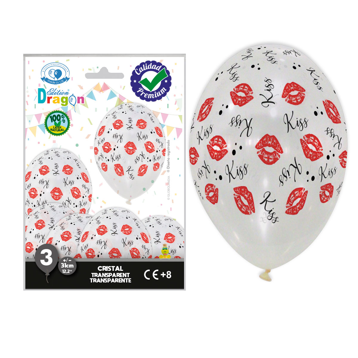 Bolsa 3 globos cristal transparente 31 cm impresión Besos "Kiss"
