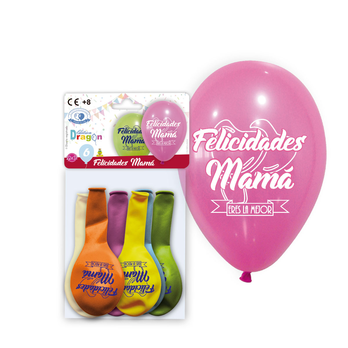 Bolsa 6 globos impresos Felicidades Mamá, colores surtidos