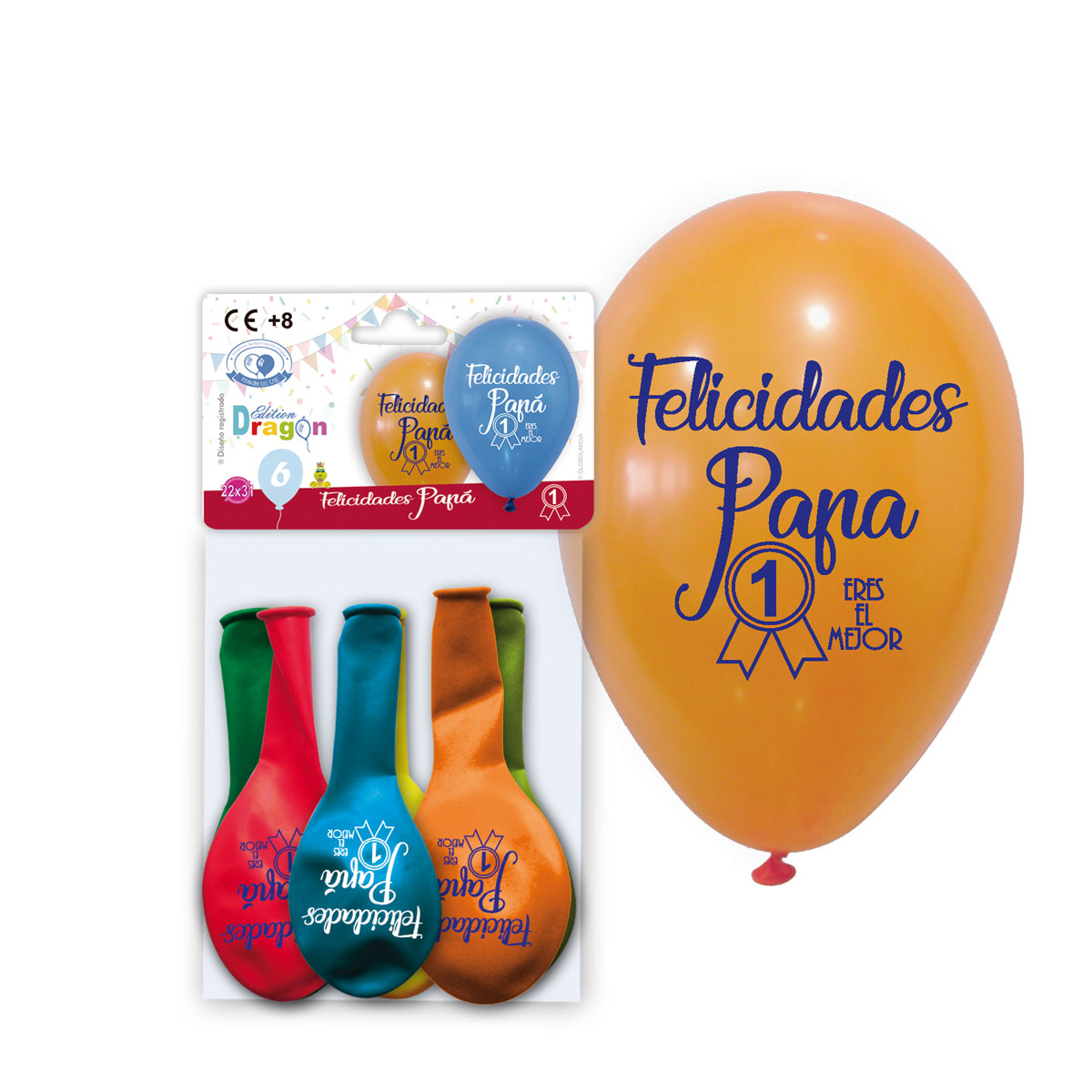 Globos impresos «Felicidades Papá» 6 unidades, colores surtidos