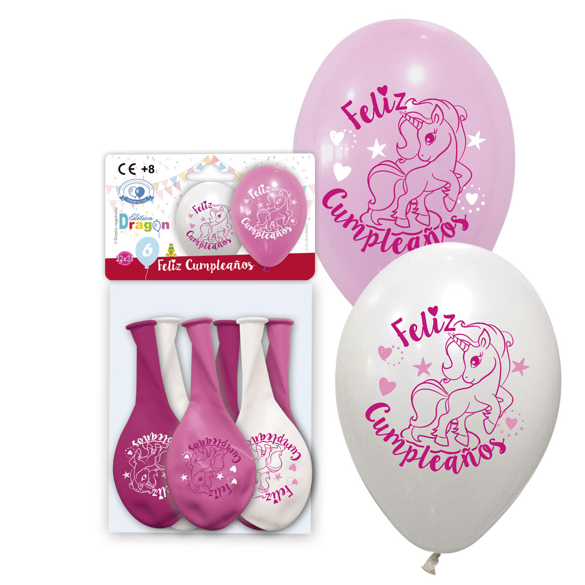 Bolsa 6 globos látex 10 pulgadas impresos Feliz Cumpleaños Unicornio