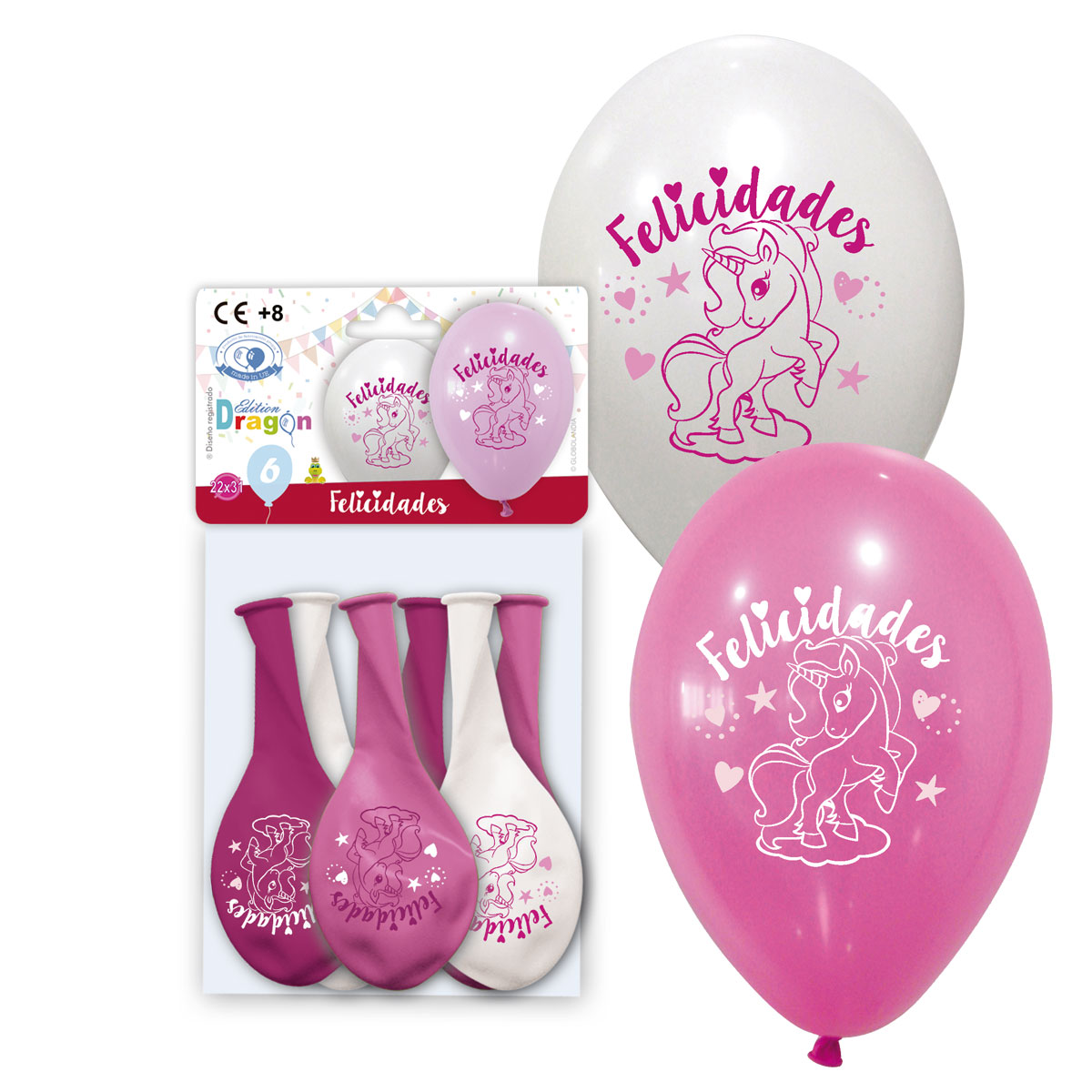 Bolsa 6 globos 10" impresos Felicidades Unicornio, surtido rosa y blanco