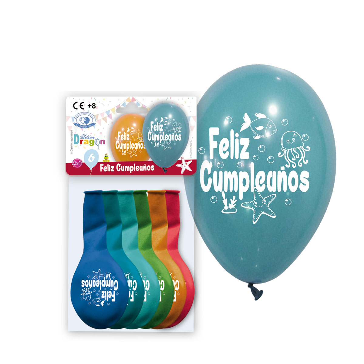Globos impresos Feliz Cumpleaños Animales Marinos 10" - Bolsa 6 unidades