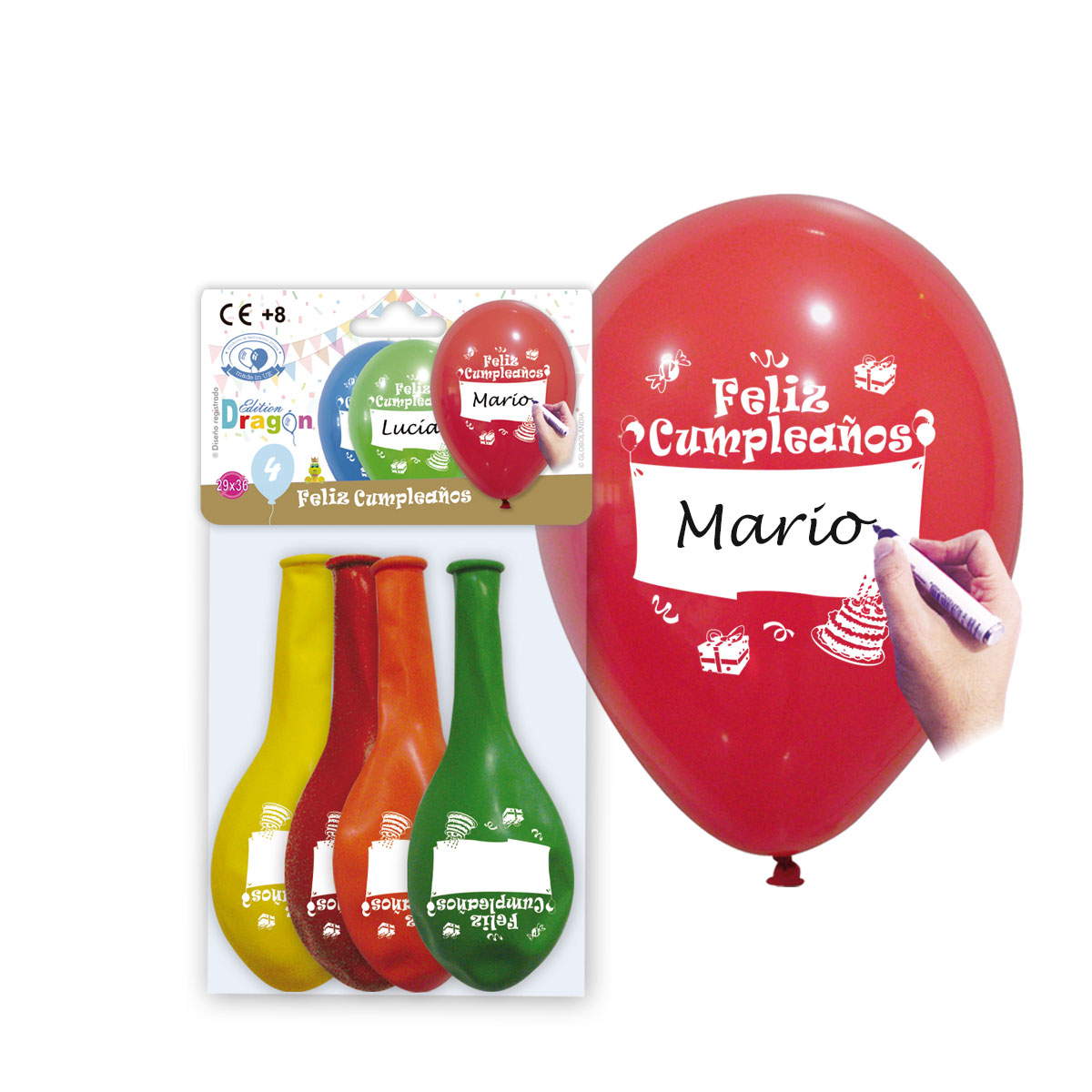 Globos 12" Feliz Cumpleaños con espacio para el nombre – Bolsa de 4 (Ed. Dragon)