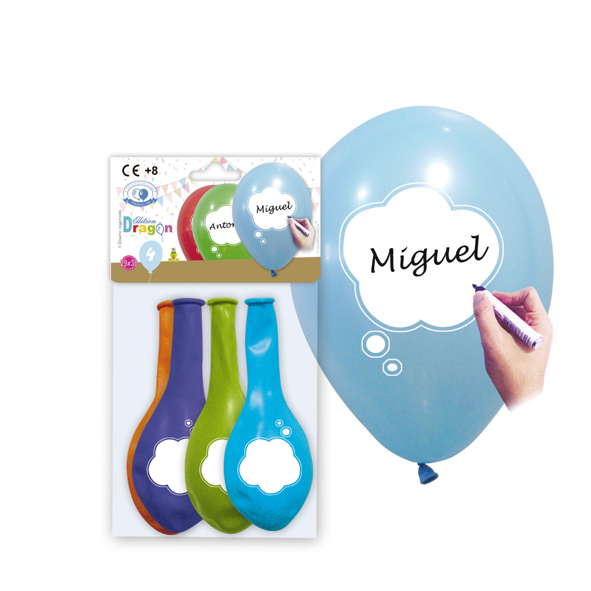 Globos impresos "Pensamientos" 12" colores surtidos - Bolsa de 4 (Edition Dragon)
