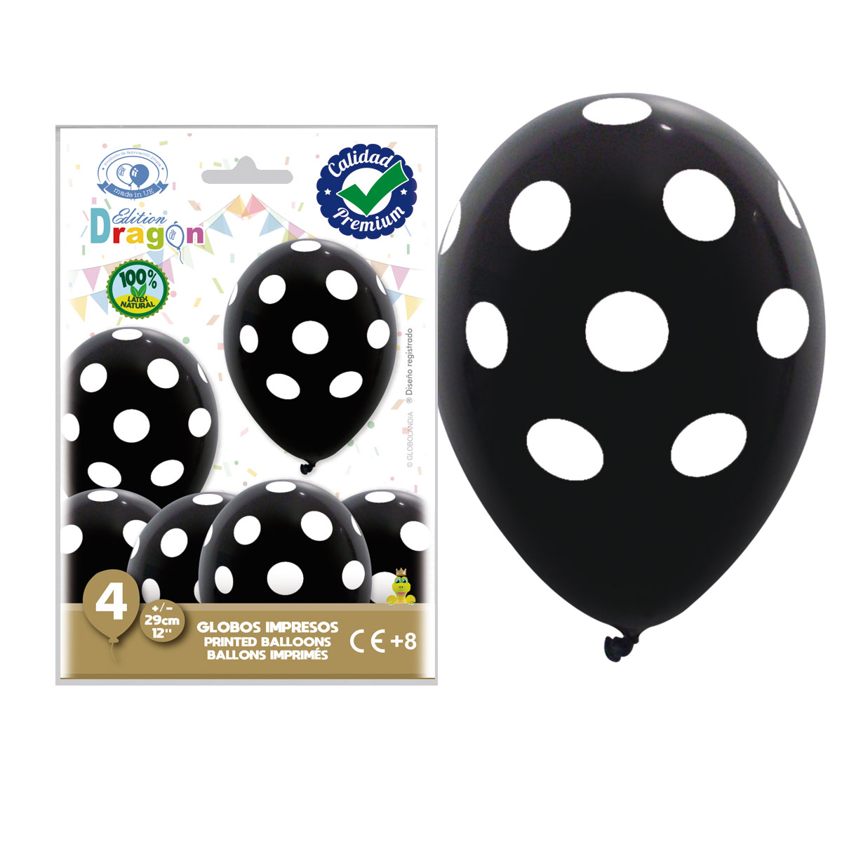 Globos negros de látex con lunares blancos 29 cm - Bolsa 4 unidades