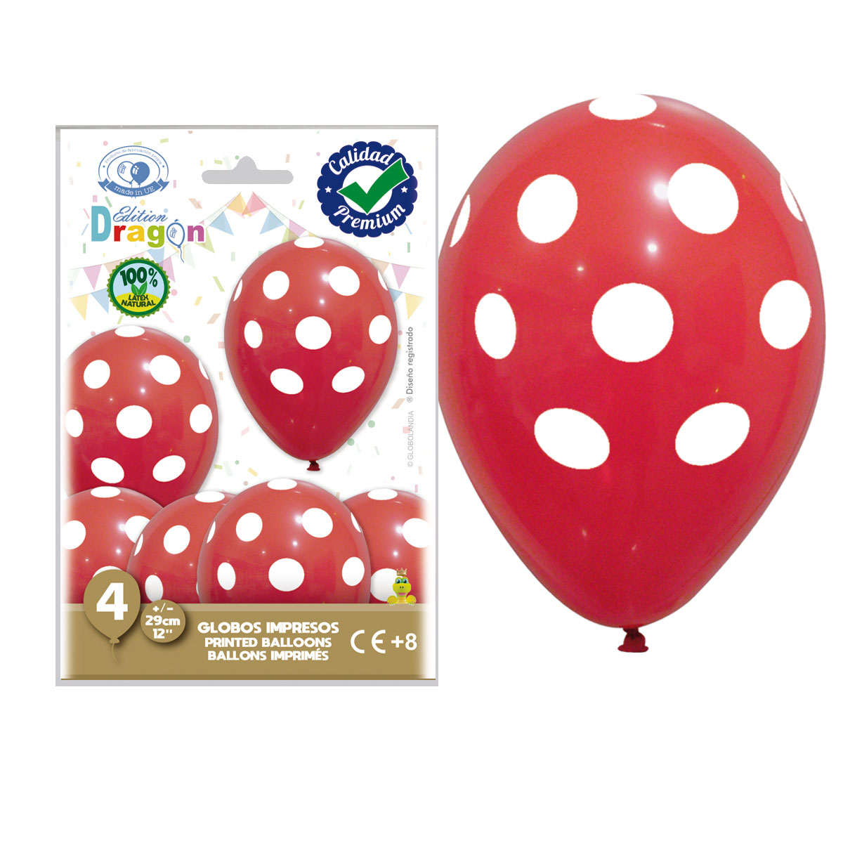 Globos impresos Edition Dragon 12" puntos blancos, rojo pastel – bolsa de 4