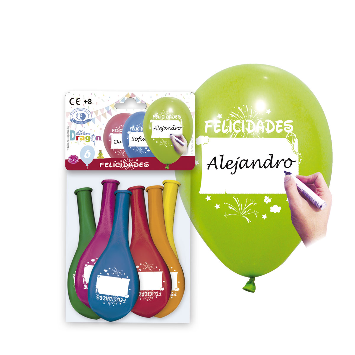 Globos 11" "Felicidades" personalizables, colores surtidos - bolsa con solapa de 6