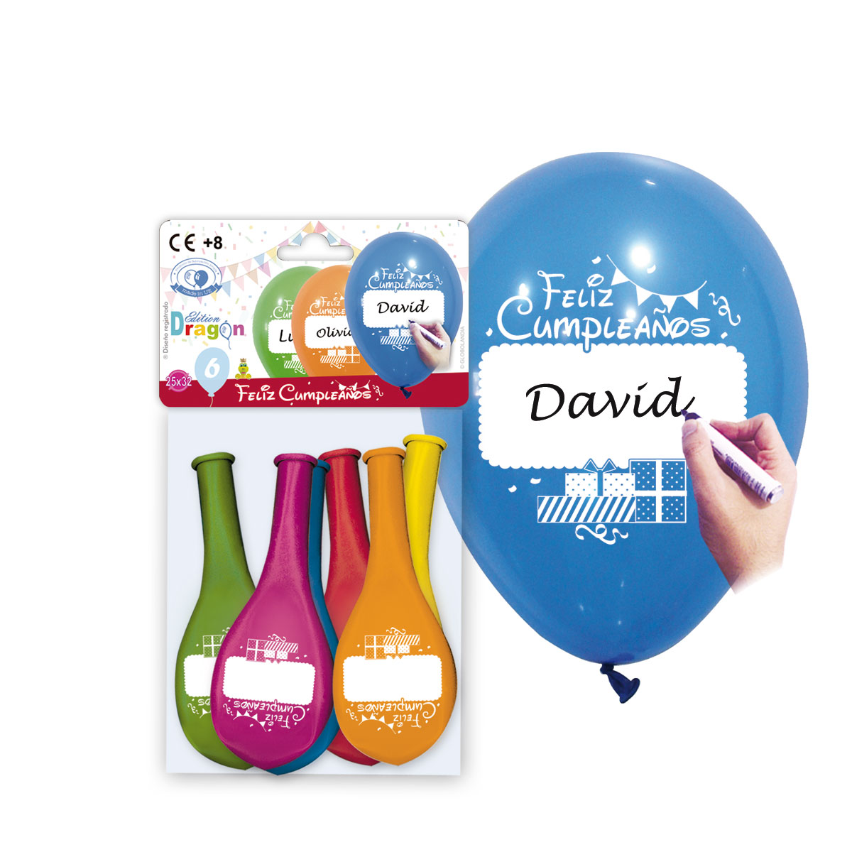 Bolsa 6 globos 11" "Feliz Cumpleaños" personalizables, colores pastel surtidos