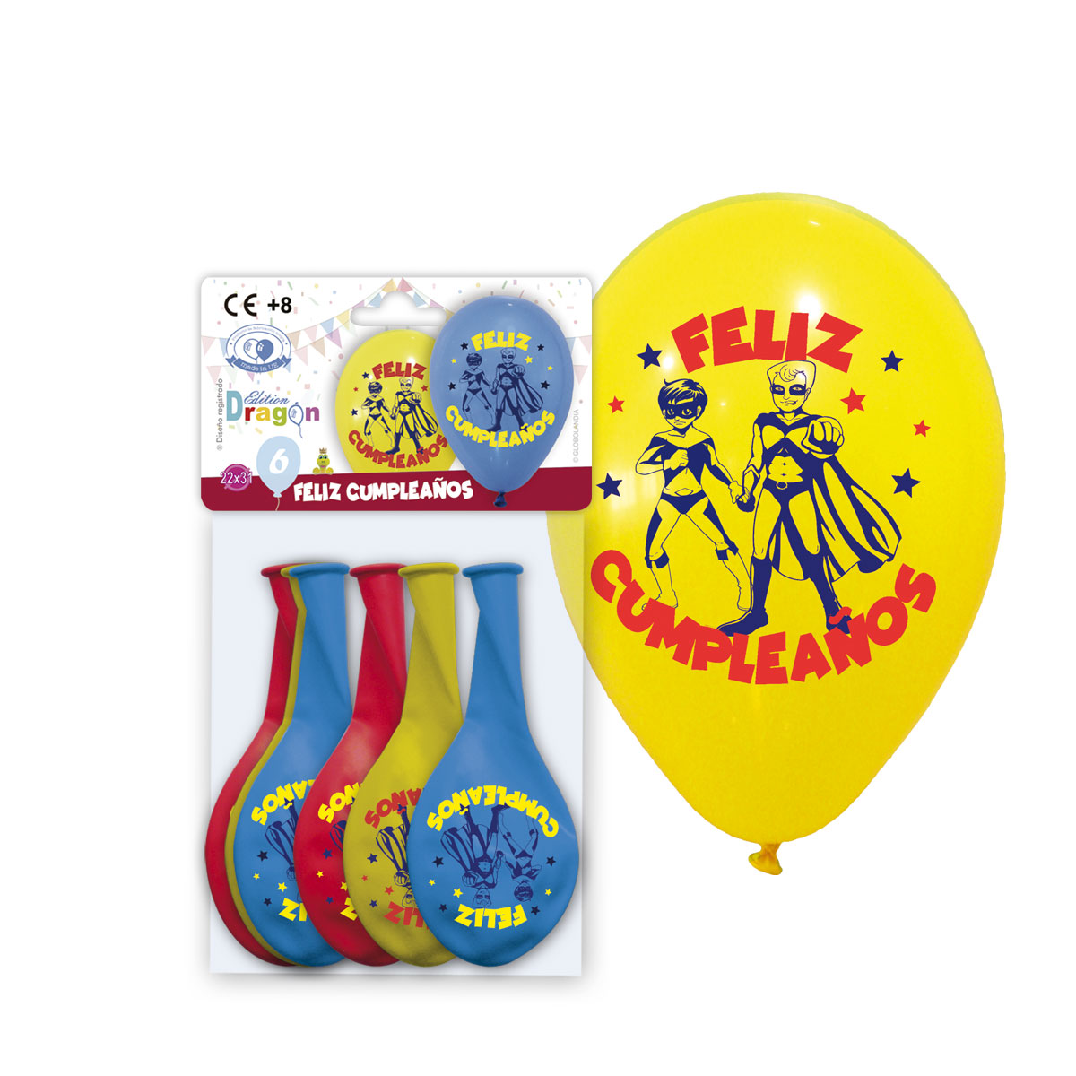 Globos impresos 10" Feliz Cumpleaños Superhéroes pastel, bolsa 6 uds