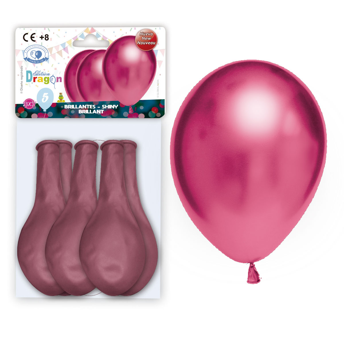 Pack of 5 Shiny Fuchsia Latex Balloons 28x37 cm, Edition Dragón