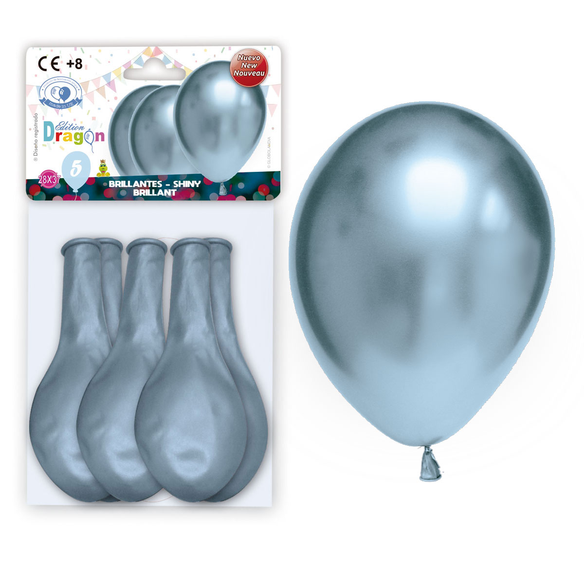 Blíster 5 globos de látex brillantes 12" celeste - Edition Dragón