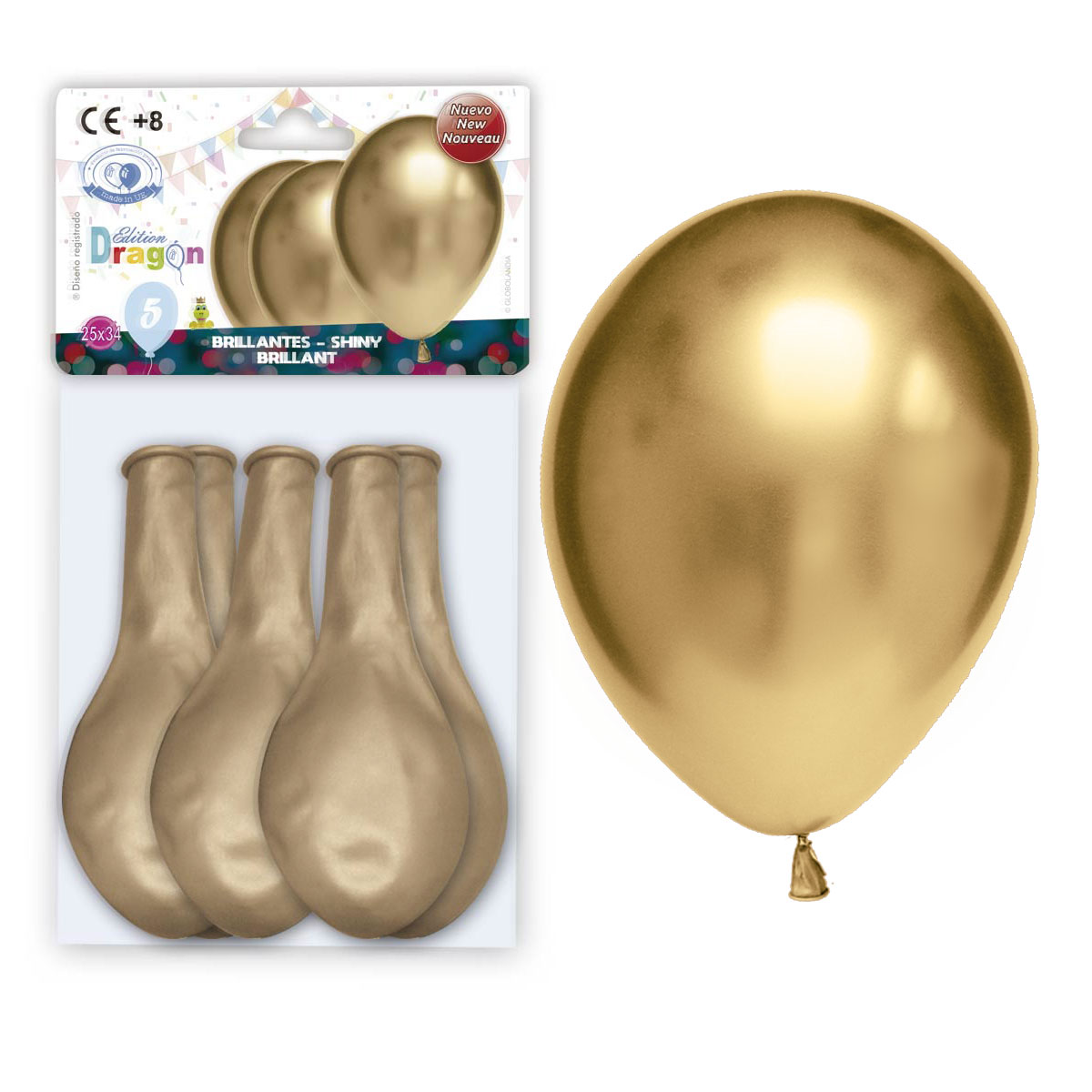 Globos Látex 12" Oro Espejo Brillante - Bolsa con Solapa 5 uds