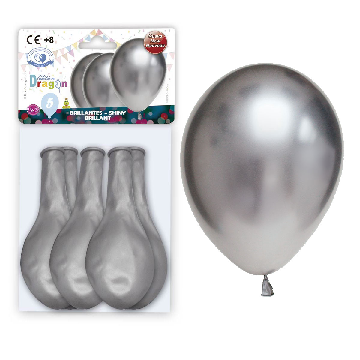 Bolsa 5 globos 12" brillantes plata espejo Edition Dragon