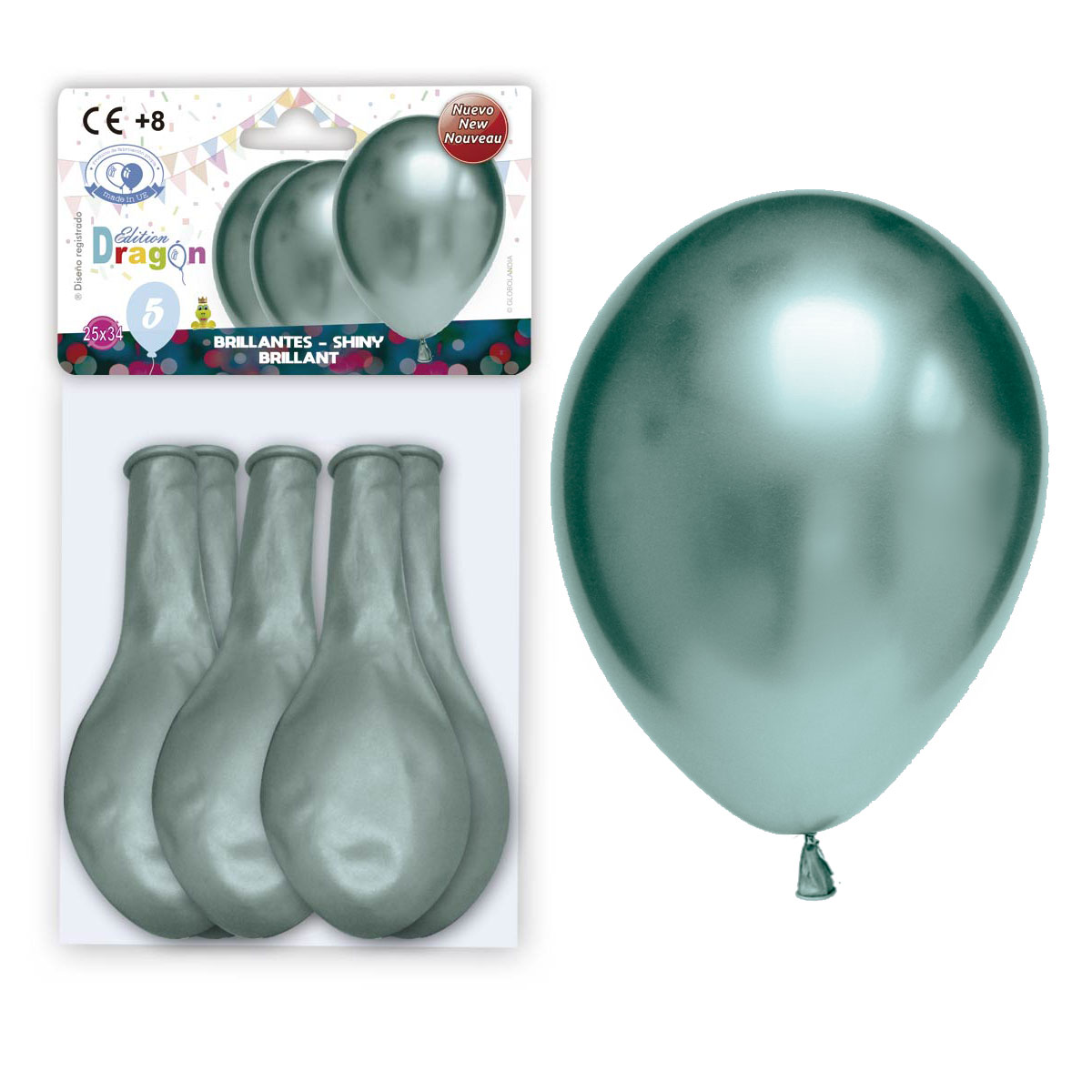 Globos látex 12" verde espejo brillante Edition Dragon - Bolsa 5 uds