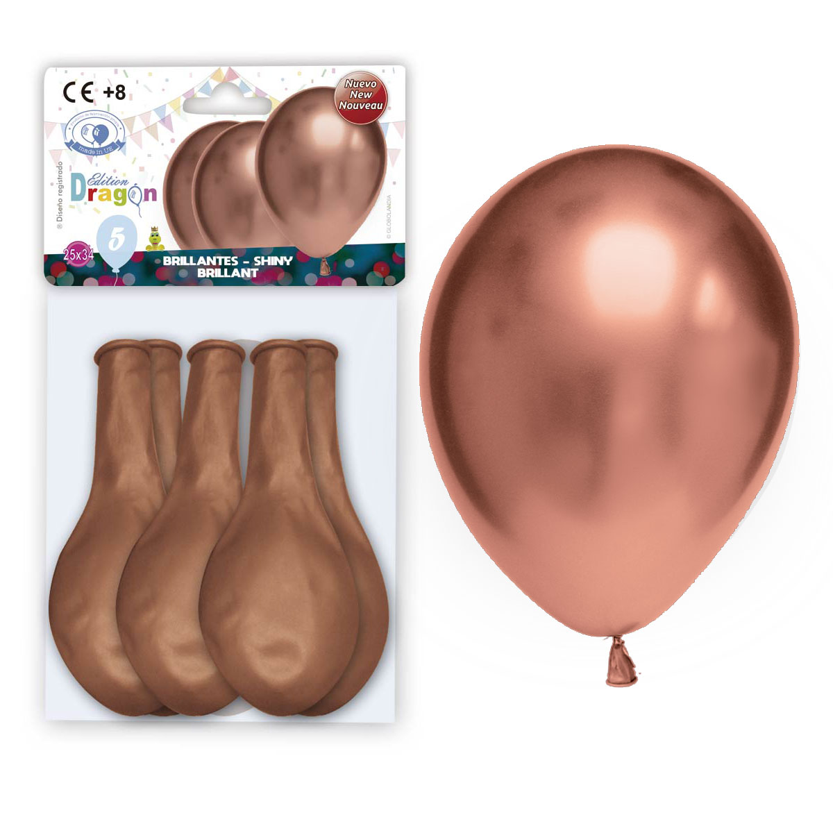 Bolsa 5 globos látex 12" brillantes cobre espejo Edition Dragon