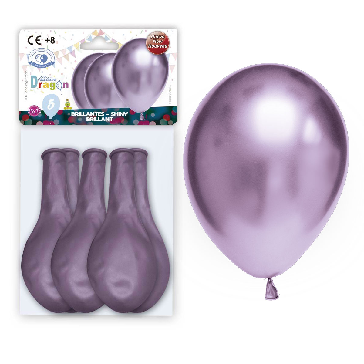 Bolsa 5 globos látex 12" brillo espejo lila - Edition Dragon