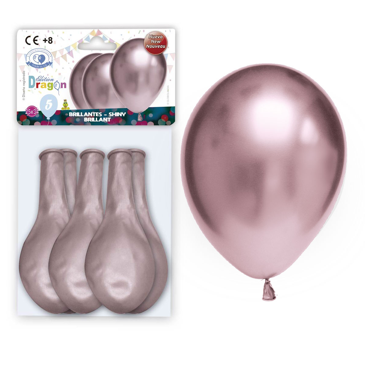 Globo látex 12" brillante efecto espejo rosa oro, bolsa de 5 unidades