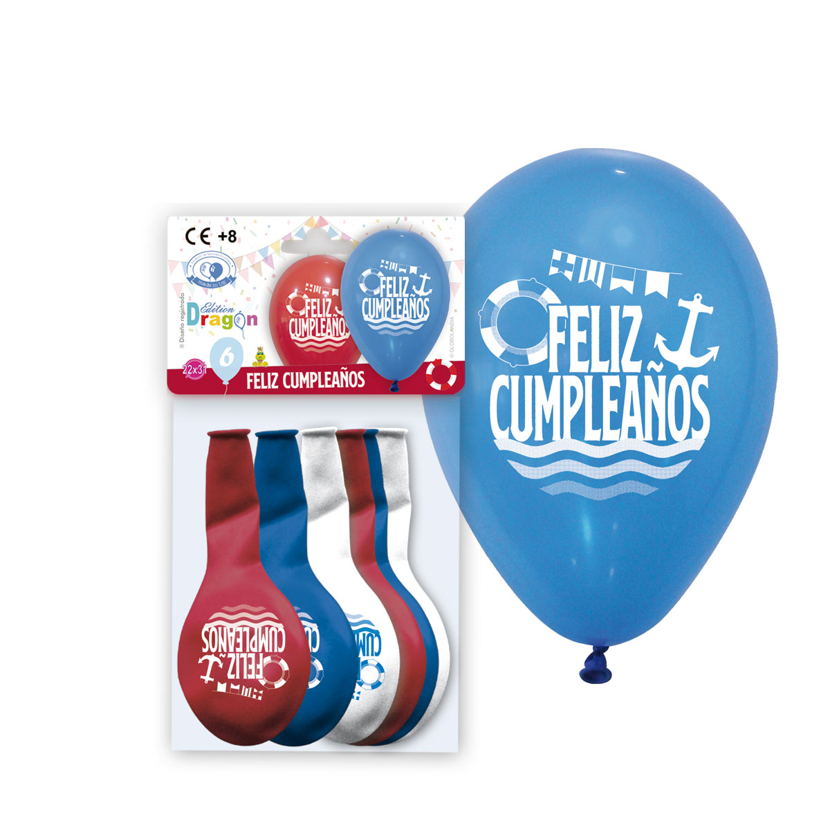 Blíster 6 globos impresos Feliz Cumpleaños marinero 10"
