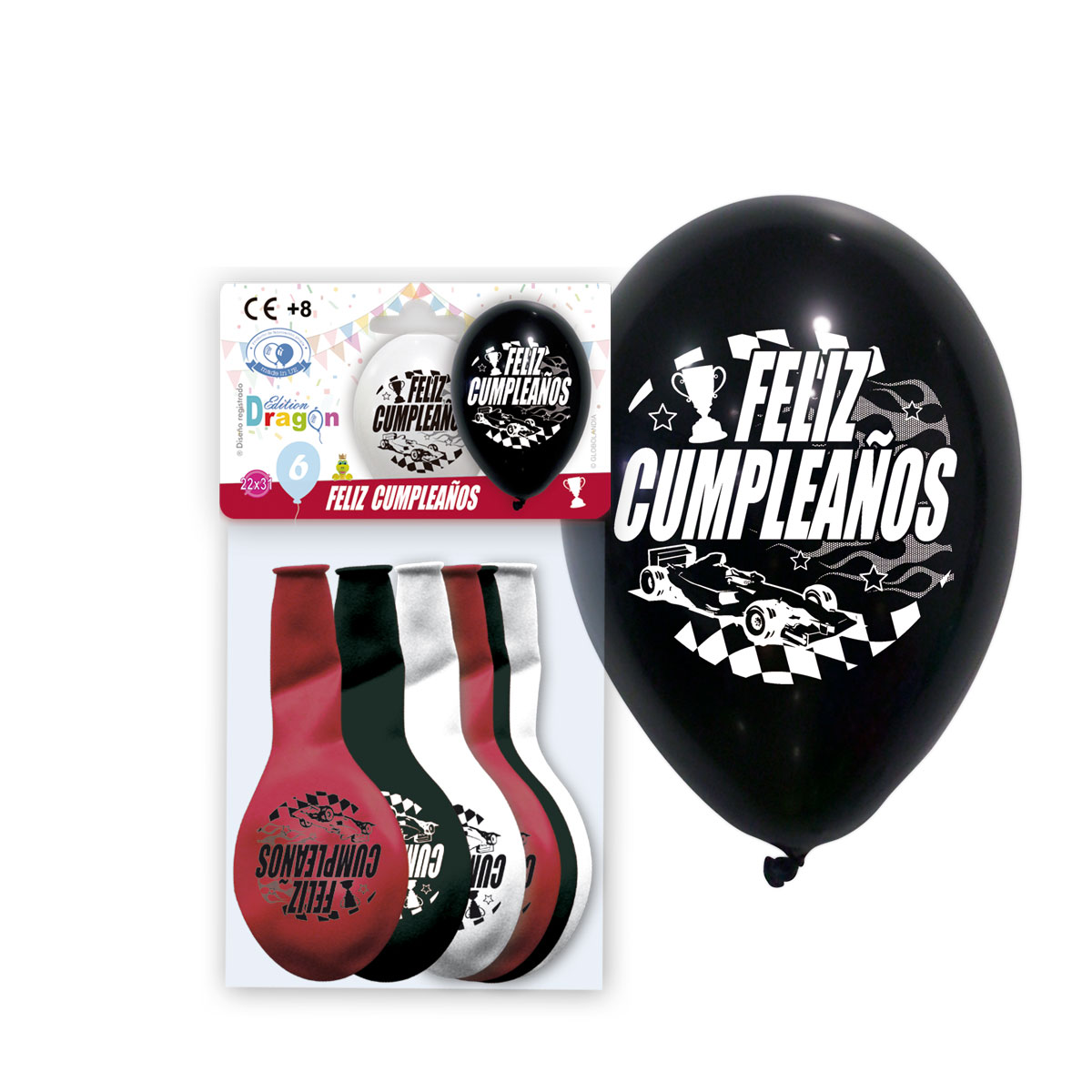 Globos impresos Feliz Cumpleaños coche de carreras 10" - bolsa de 6