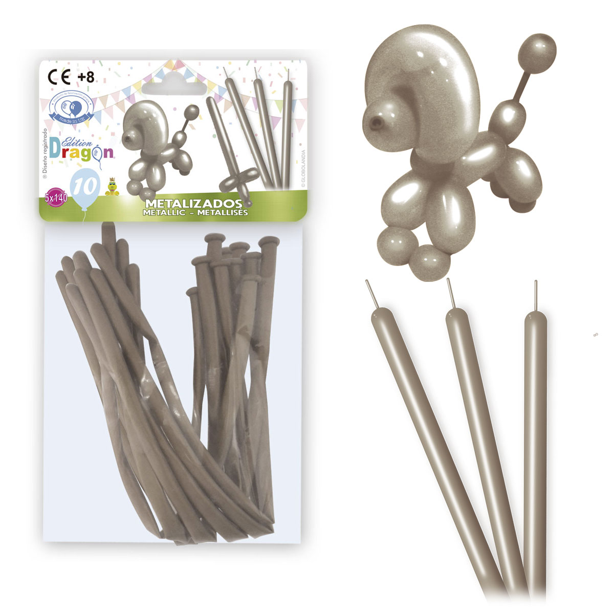 Globos para modelar metalizados 5x140 colores surtidos, bolsa de 10