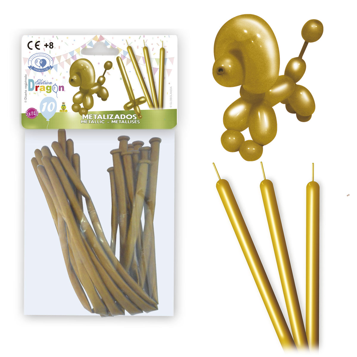 Globos de modelar metalizados oro 5x140 – bolsa de 10 unidades